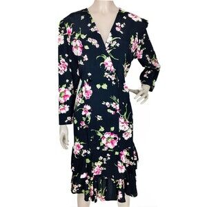 Vintage 80s Stuart Alan Black Floral Surplice Tiered Ruffle Hem Midi Dress